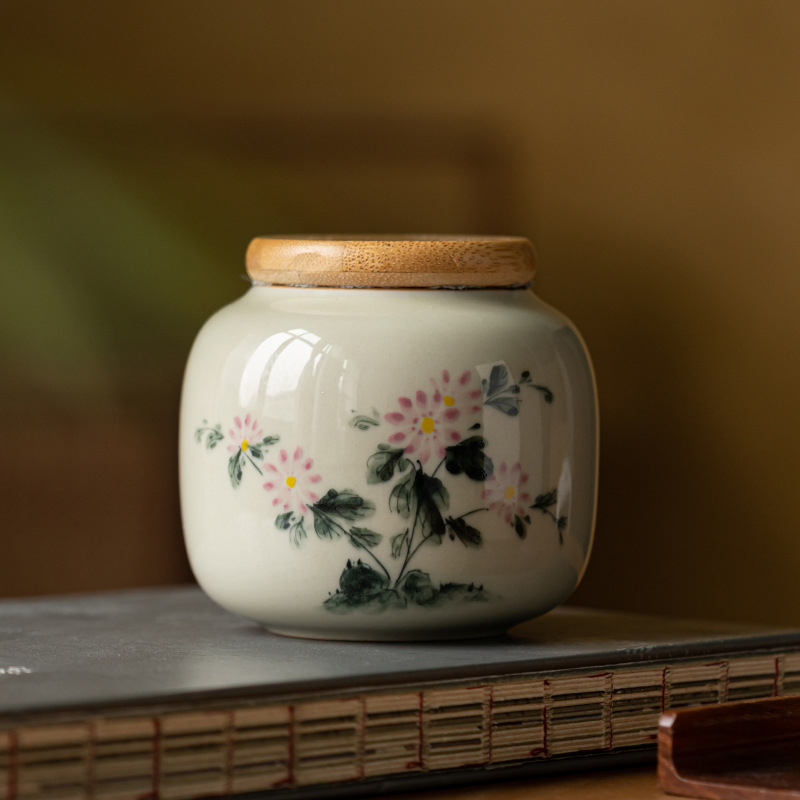 草木灰手繪菊花茶葉罐密封罐陶瓷存茶罐中式復古防潮家用小號
