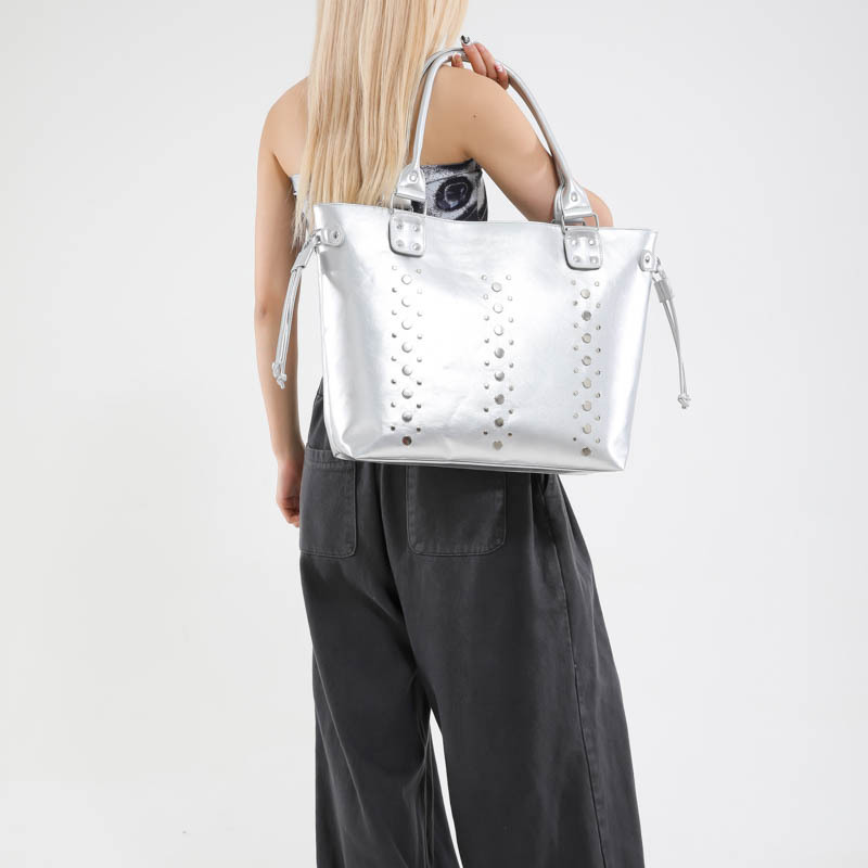 Trendy dameshandtas met studs, grote capaciteit, casual, veelzijdig, schoudertas van PU-leer, ideaal voor woon-werkverkeer, verkrijgbaar in meerdere kleuren met ritssluiting._voghion.com