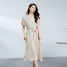 重磅真丝连衣裙女高端气质纯色简约系腰带显瘦V领长款桑蚕丝裙子