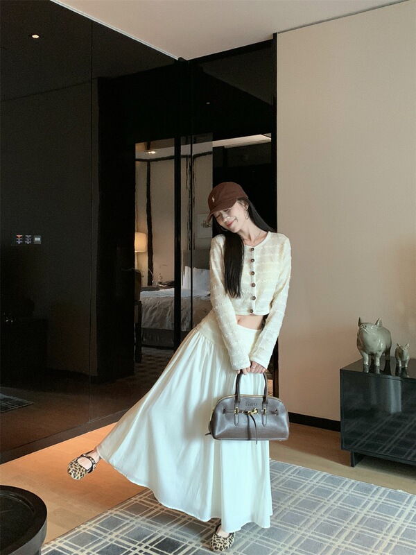 2025新款甜美风套装单排扣长袖针织衫女秋季高腰垂感半身裙两件套|undefined