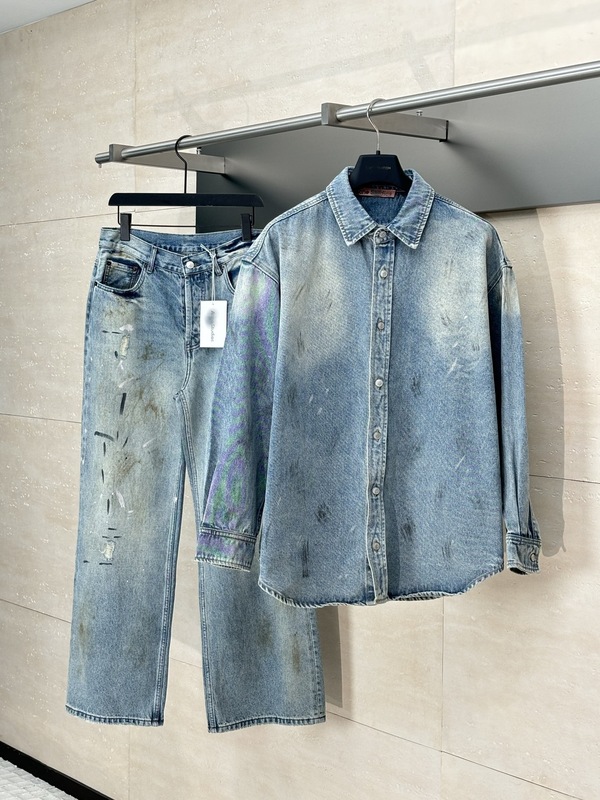 正しいバージョン 25FW トレンドブランド春夏アクリーン新作スプラッシュインクグラデーションダメージデニムシャツ男女同型ジャケット|undefined