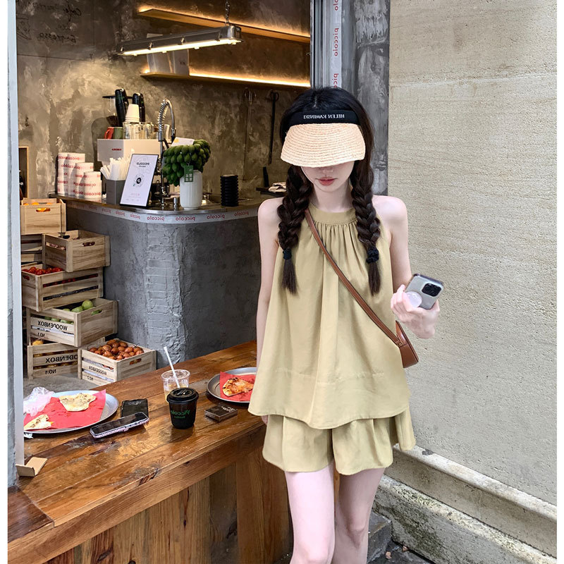 小柄な女性向けフレンチスタイルノースリーブホルターネックシャツトップスカジュアルルーズテンセルリネンショーツ2点セット|undefined