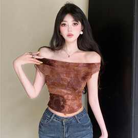 法式复古2025网纱背心女夏季小众气质一字肩修身显瘦辣妹短款上衣