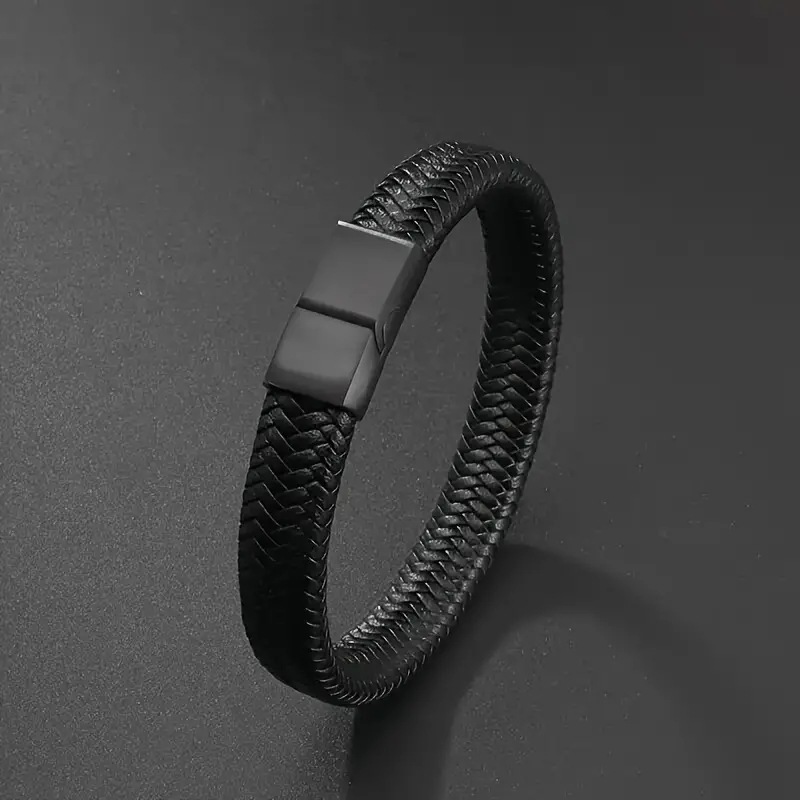 Pulseira masculina de couro personalizada, estilo retrô simples, com fecho magnético, em modelos europeu e americano. Pulseira de malha de corda trançada feita à mão._voghion.com