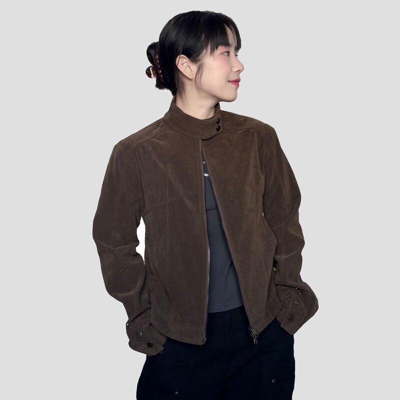 Foreign Trade American Retro Versatile New Brown Suede Stand-Up Collar Jacket Double Zipper Men's and Women's Spring Short Jacket