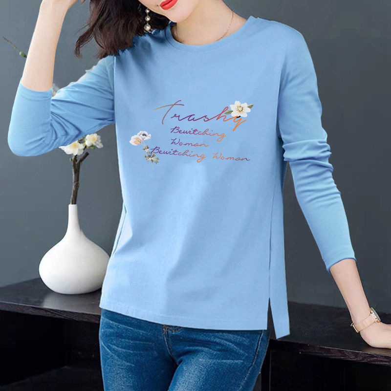 [100 Cotton] Spring Korean-style Women's Printed Base Shirt Loose Cotton Long-sleeved Round Neck T-shirt Slimming Split Cotton