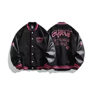 American Trendy Baseball Jacket for Men, Autumn Couple's Bf Style Embroidered Jacket, Retro Loose Spliced Casual Jacket for Men