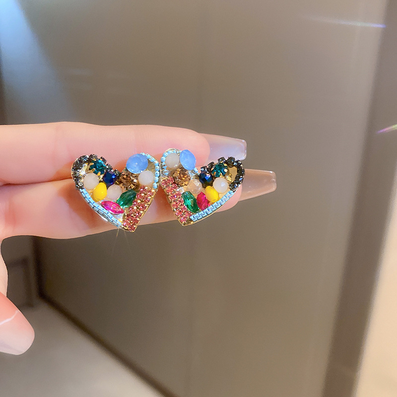 Cute Heart Shape Copper Plating Rhinestones Earrings 1 Pair