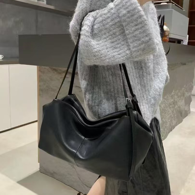 Korean Style New Top Grain Vegetable Tanned Leather Tote Bag For Women, Large Capacity Commuter Underarm Shoulder Bag, Boston Bag - Thumbnail 3