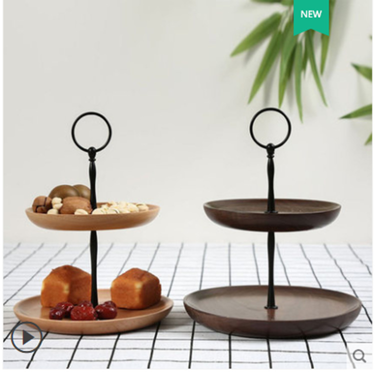 Madera de madera sólida de nuez negra bandeja de doble capa bandeja de frutas secas bandeja de té bandeja de pasteles de bocadillos bandeja de postre marco multicapa