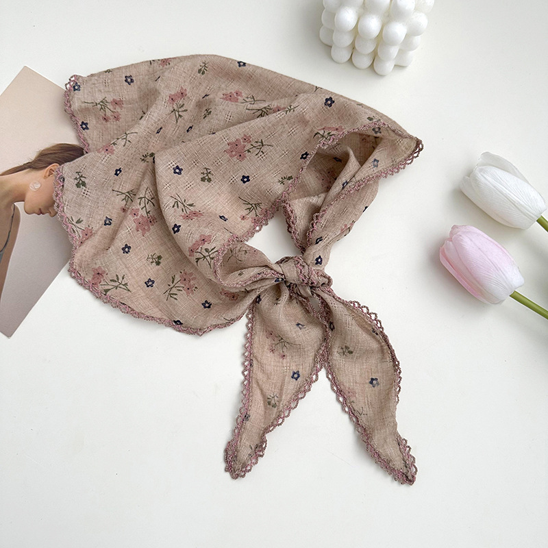 Pastoral viento de flores de encaje triángulo turbante de mujer de verano retrógrado francés de playa bufandas de seda protector solar correa de pelo
