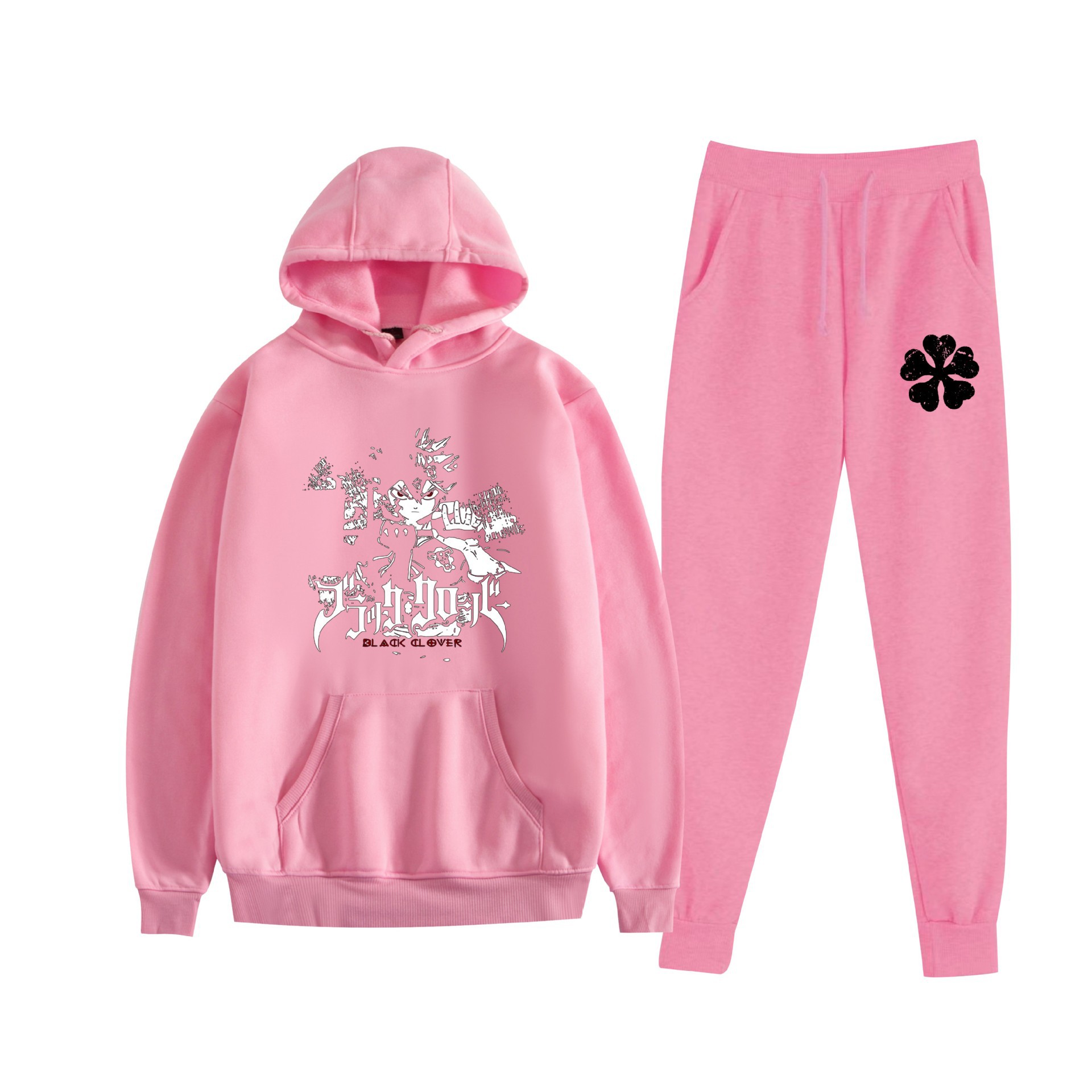 Europa y América otoño e invierno negro trébol de cuatro hojas periférico bidimensional hombres y mujeres deportes de ocio más suéter con capucha de terciopelo traje al por mayor