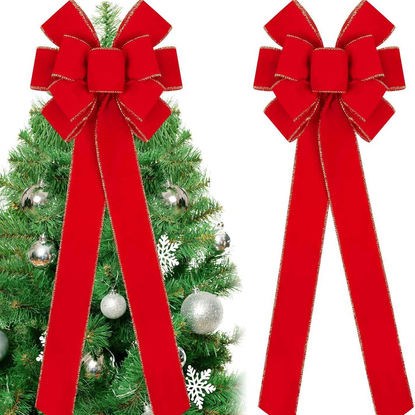 Красный бархатный рождественский бантик, рождественская гирлянда с блестящим золотым краем, украшение для елки