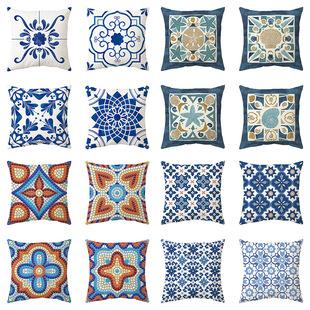 Cross-border New Blue Theme Simple Pattern Printing Pillowcase Home Decoration Geometric Mandala Sofa Cushion