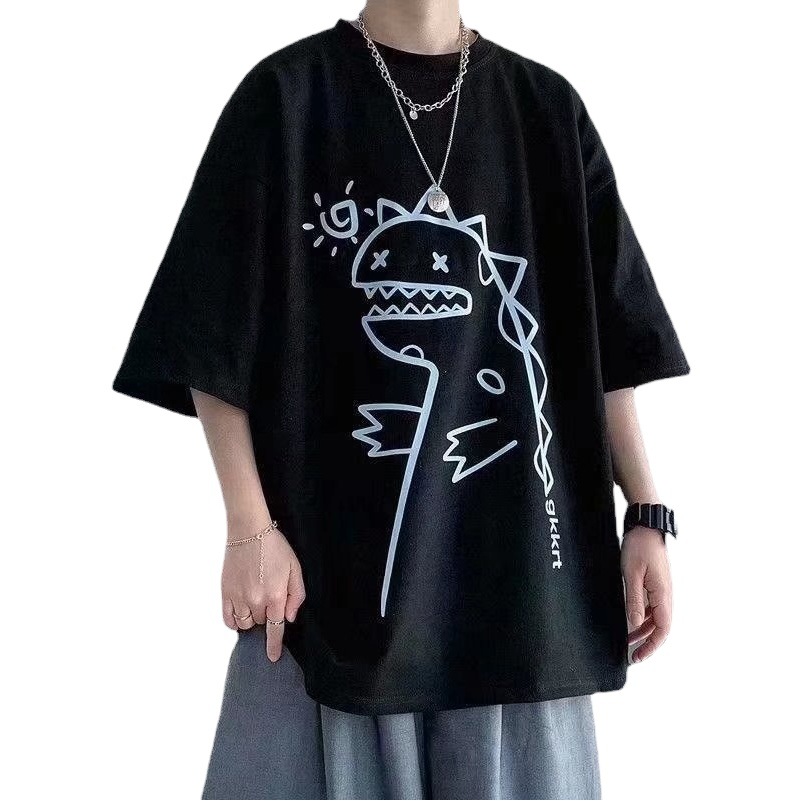 Nuevo dinosaurio Camiseta de manga corta de los hombres ins marca de moda Primavera suelta High Street camiseta moda todo-Partido pareja ropa de media manga