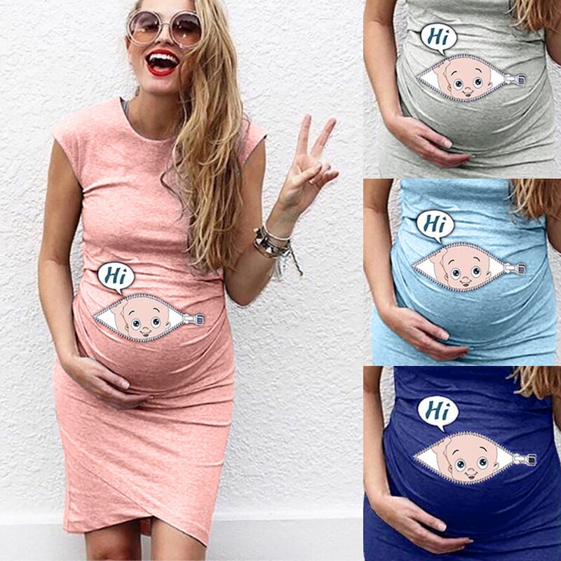 2022Wish Aliexpress European and American Summer Sleeveless Cartoon Print Maternity Round Neck Dress
