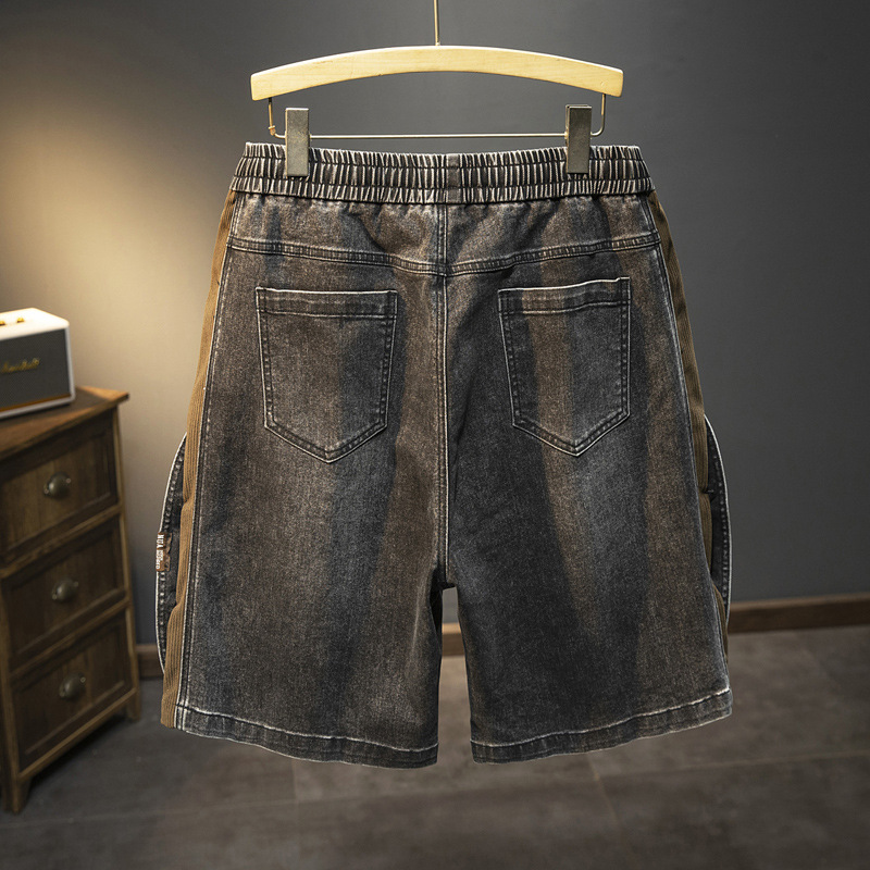 Europa y América pantalones cortos de color mezclado de jeans para hombres de verano nuevo botón empalmado cintura elástica cinco pantalones delgados medio caballo