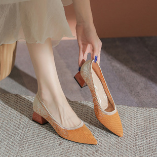 Japanese Princess Shoes Flying Woven Shoes Women's 2024 New All-match Chunky Heel Pointed Shallow Mouth Spring and Autumn Knitted Woven Shoes