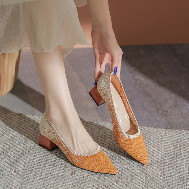 Japanese-Style Princess Shoes, Fly-Knit Single Shoes for Women, 2026 New Versatile Chunky Heel Pointed Toe Shallow Mouth Spring and Autumn Knit Woven Shoes