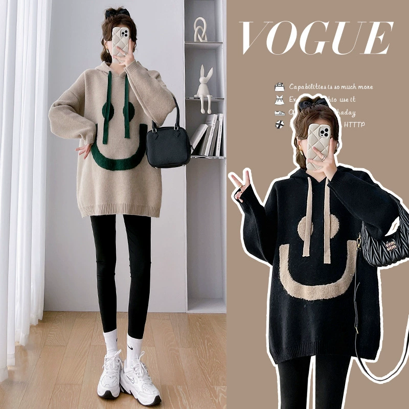 Реальный спот 2023 Осень и зима свободный свитер с капюшоном свитер длинный по беременности и родам свитер