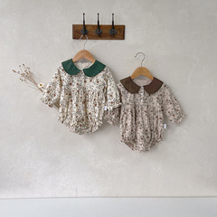 Baby small floral spring jumpsuit Korean children's clothing baby girl contrasting color lapel bag fart clothing girl autumn clothing crawler suit