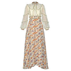 钉珠立领长袖亮片蕾丝拼接提花印花大摆长款礼服连衣裙2025春季新