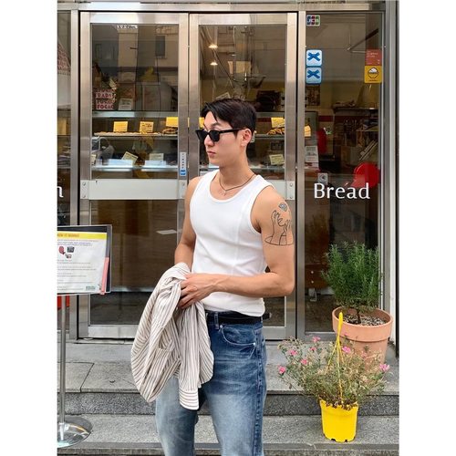 White sleeveless denim shirt men's summer American casual versatile old man's shirt sports fitness textured t-shirt