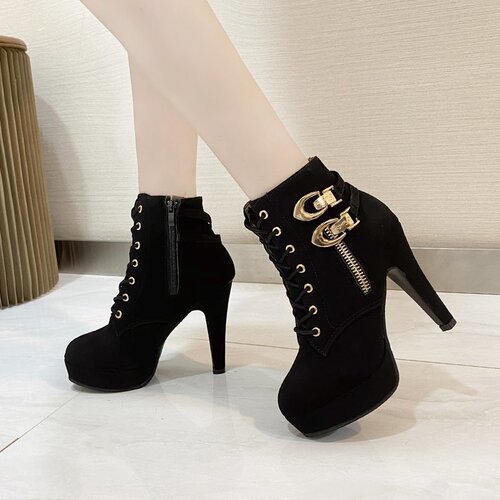 2025 Western and European Ultra-High Heels Thin Heel Round Toe Side Zipper Short Boots Women's Lacing Wide Size Martin Boots Trend
