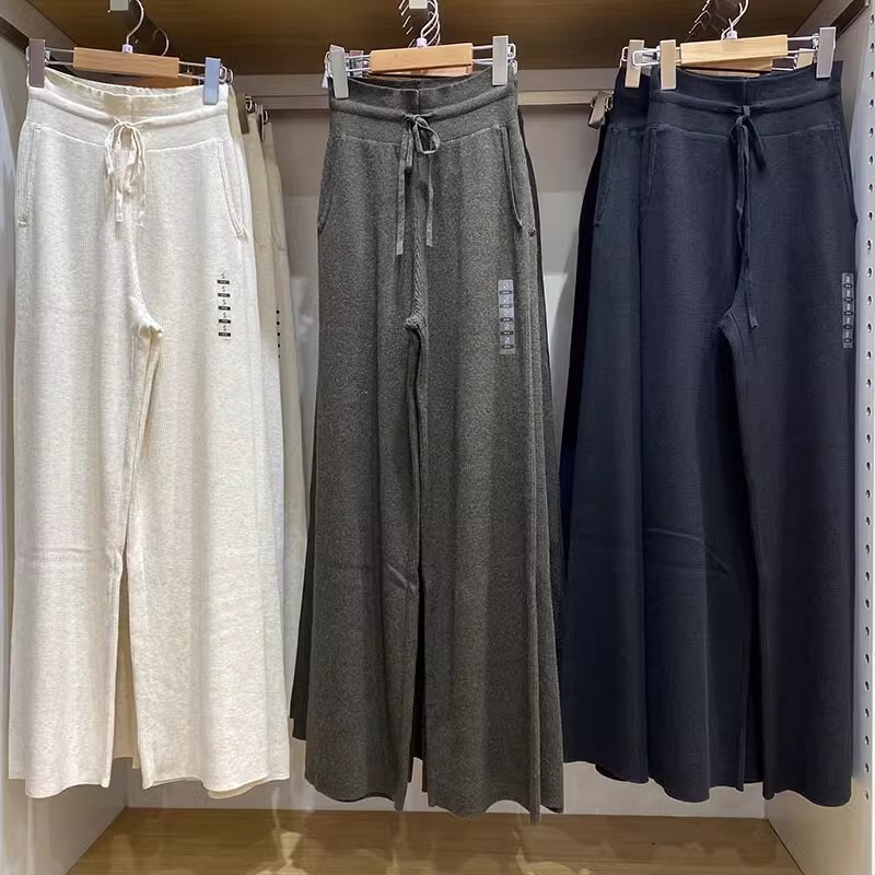 2024 Autumn Casual Soft Rib Knitted Trousers Loose Wide Leg Straight-Leg Casual Pants Women 470173