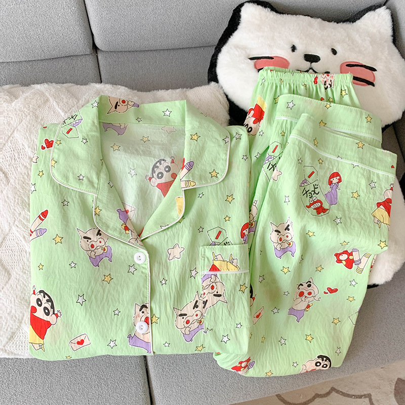Korean Style Sweet Lapel Pajamas for Women in Spring and Autumn, Simple Cartoon Cloud Cotton Long-Sleeved Loose Home Clothes Two-Piece Set Korean Style Sweet Lapel Pajamas for Women in Spring and Autumn, Simple Cartoon Cloud Cotton Long-Sleeved Loose Home Clothes Two-Piece Set