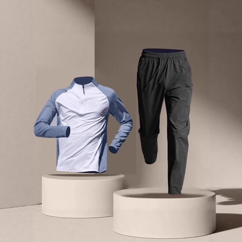 Half-Zip Training Suit Men's Quick-Drying Long-Sleeved Pants Suit Sports Track and Field Sports T-Shirt Running Fitness Suit