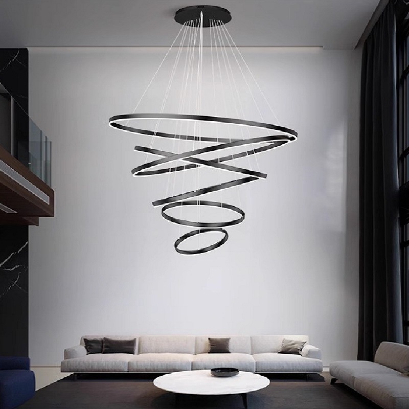 Luxury Chandelier for Duplex Villa, High-Ceiling Living Room, Modern Minimalist Chandelier, Hollow Ring Staircase Light