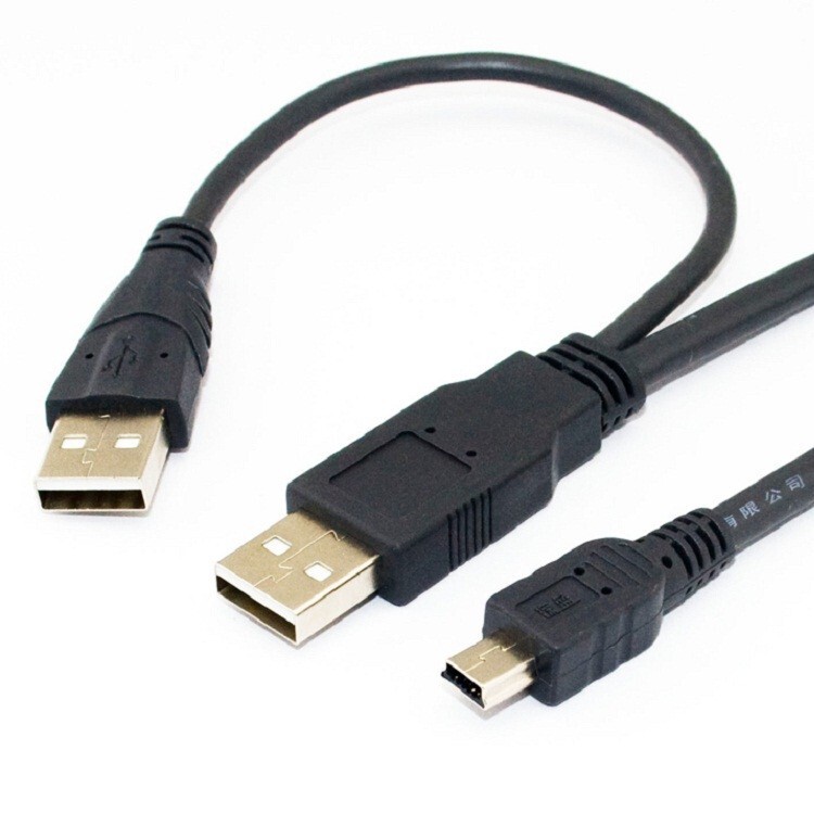 Two-in-one Mini usb to usb 2.0 with auxiliary power supply connected to mobile hard disk dual-head USB data charging line
