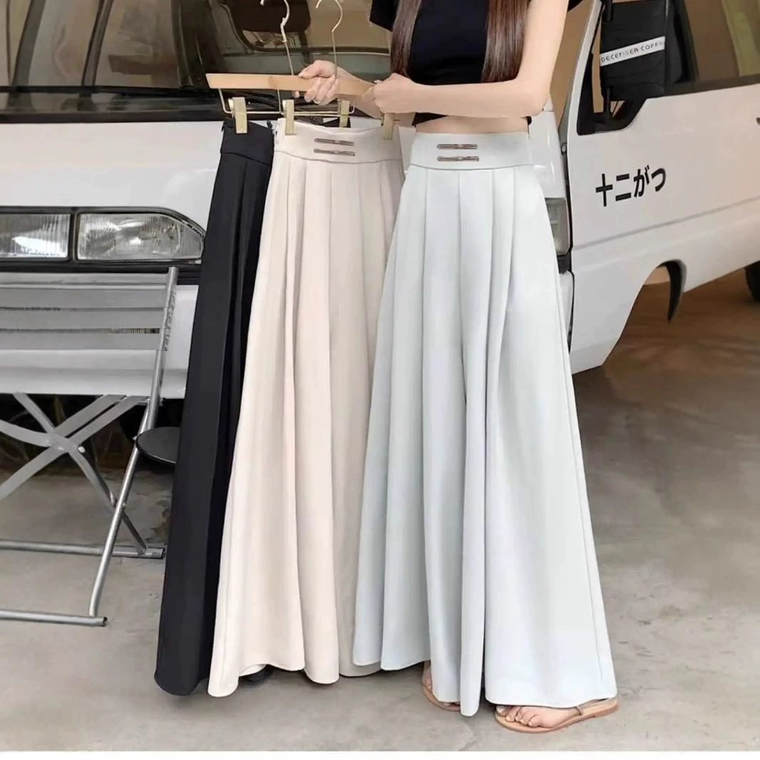 Летние шифоновые плиссированные брюки из ледяного шелка в японском стиле с высокой талией и широкими штанинами с драпировкой на талии, длинная юбка