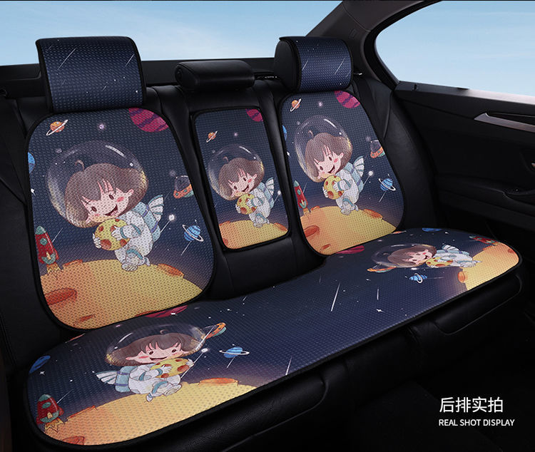 L5U new cartoon car seat cushion breathable four seasons universal linen cool cushion heat insulation whole car rear seat cushion three pieces