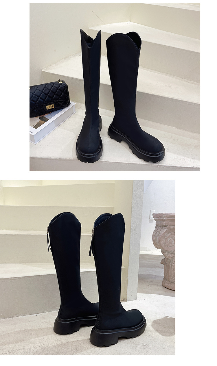 2023 Herbst/Winter Neue vielseitige koreanische Ausgabe Lange Stiefel Damen dicke Absätze schwarze französische Ritterstiefel dicke Sohlen_voghion.com