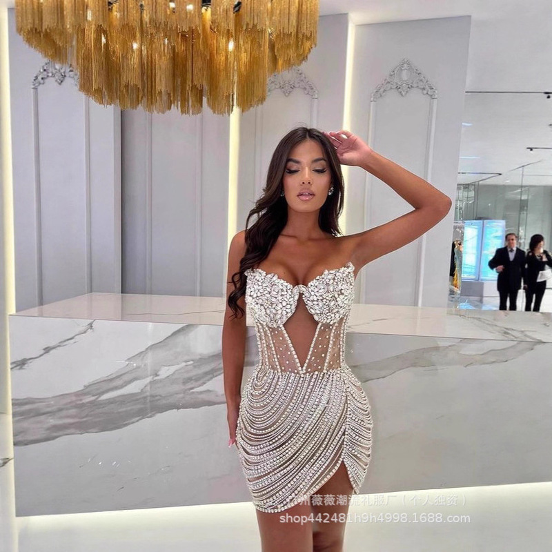Special Offer Cross-Border European and American Fashion Trendy Strapless Heavy-Duty Sparkling Rhinestone Sexy Backless Chain Party Evening Dress for Women Special Offer Cross-Border European and American Fashion Trendy Strapless Heavy-Duty Sparkling Rhinestone Sexy Backless Chain Party Evening Dress for Women
