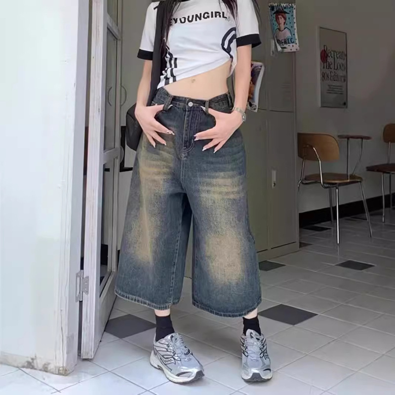 Wide-leg Seven-point Denim Shorts Autumn 2024 Thin Retro High-waist plus size Loose Slimming Straight Pants Wide-leg Seven-point Denim Shorts Autumn 2024 Thin Retro High-waist plus size Loose Slimming Straight Pants