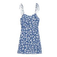 夏季田园风印花迷你连衣裙A字短裙法式复古系带修身雪纺吊带裙女