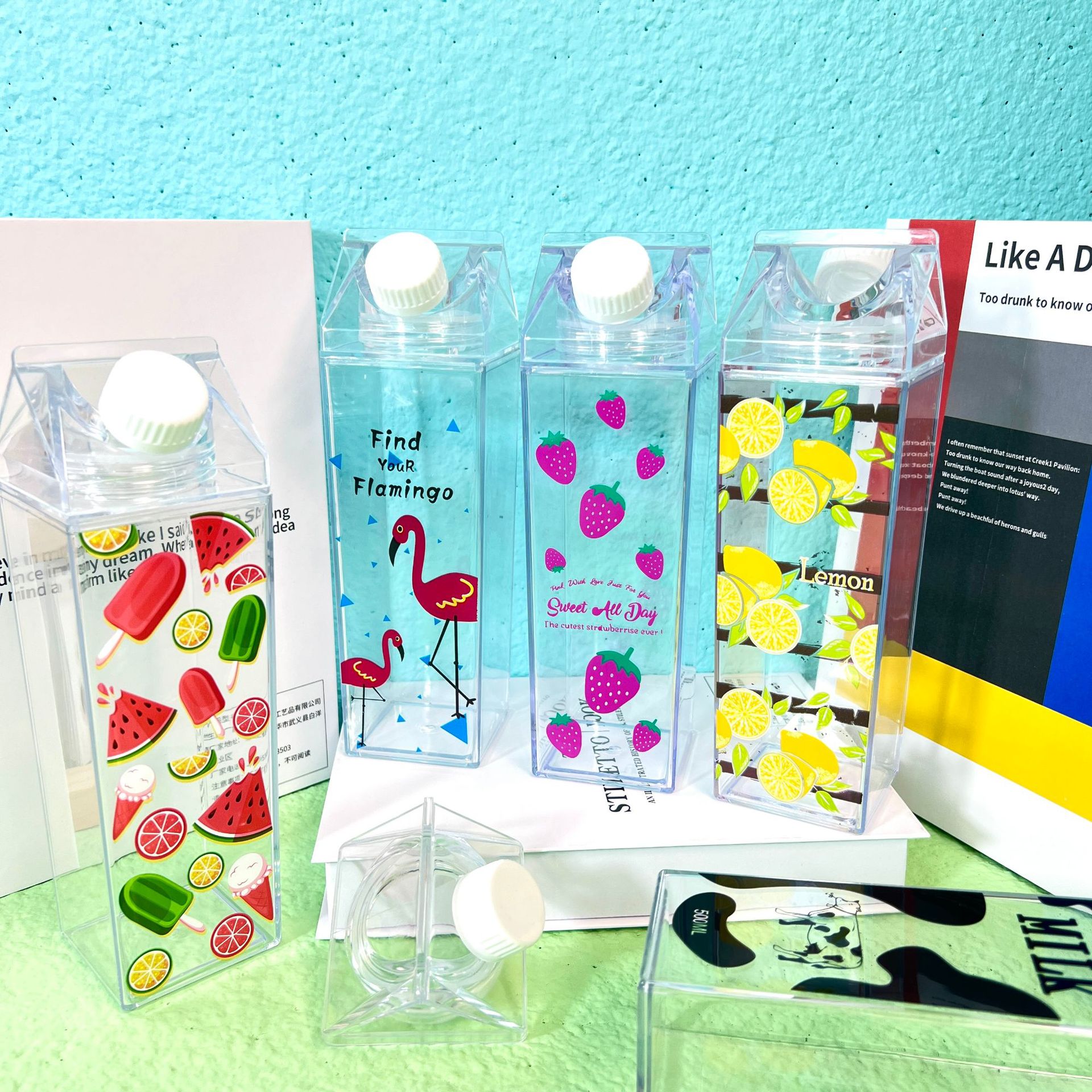 现货创意500ml方形牛奶杯牛奶盒水杯塑料杯网红学生水杯可定logo