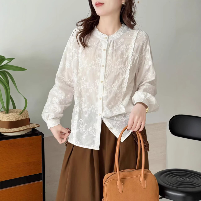 Elegant Embroidered Pure Cotton Blouse with Small Lace Trim, Stand-Up Collar, White and Apricot Color Scheme, Gentle Spring Shirt for Women, Long-Sleeved Trendy Top Elegant Embroidered Pure Cotton Blouse with Small Lace Trim, Stand-Up Collar, White and Apricot Color Scheme, Gentle Spring Shirt for Women, Long-Sleeved Trendy Top