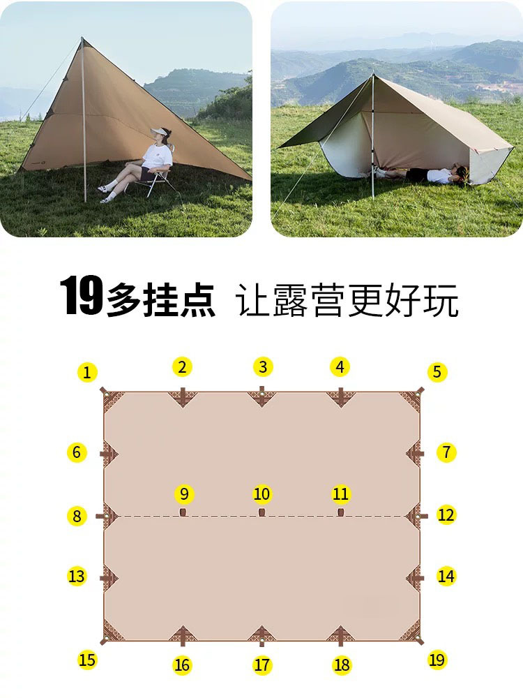 Outdoor Multifunctional 19-Point Canopy with Black Glue-Coated Silver Coating, Rainproof and Sunshade Shelter for Camping