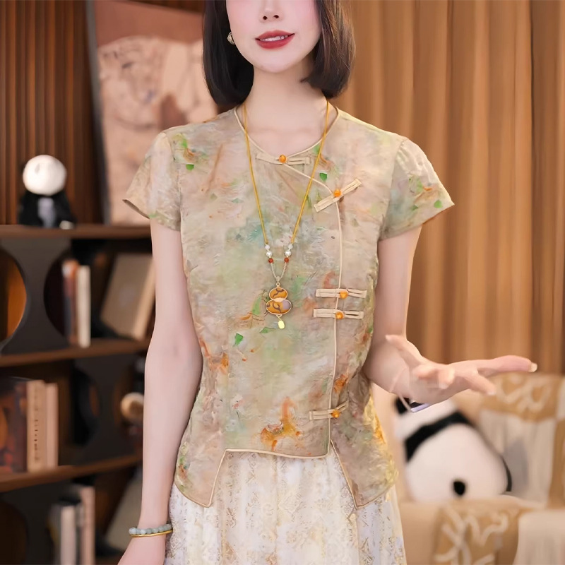 Áo sơ mi nữ ngắn tay lụa Jacquard Guofeng nút áo nhỏ Hương Vân Sa — Màu ảnh chi tiết 5