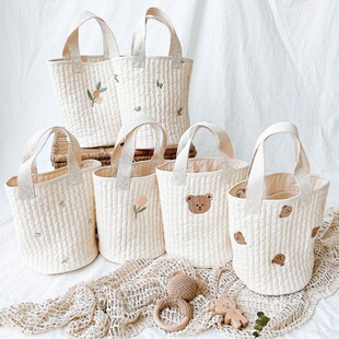 Factory Customized Trolley Quilted Embroidered Storage Bag Diaper Bag Cotton Embroidered Satchel Bucket Bag