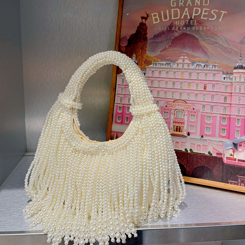 Celebrity Style Pearl Bag, New Chinese Style Banquet Hand-Woven Beaded Simple Pure White Hand-Held Armpit Bag