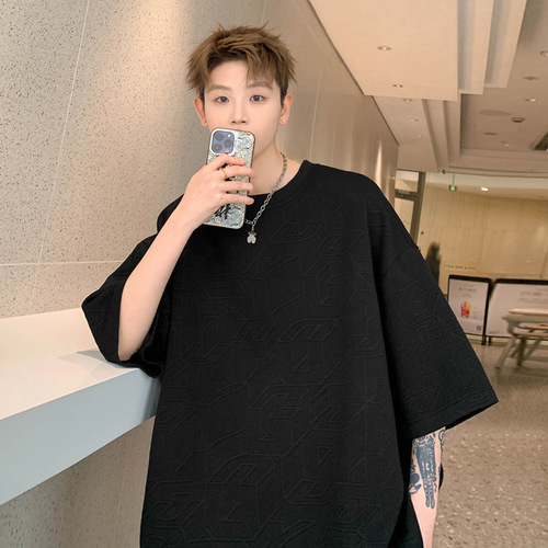Men's Summer Trendy Semi-Sleeve Loose Casual High-End Brocade Letter T-Shirt