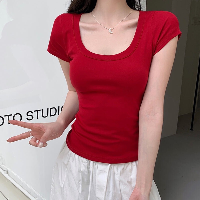 U-Neck Short-Sleeve T-Shirt for Women, Trendy Ins Style, New Spring/Summer/Autumn Versatile Low Round Neck, Slim-Fit, Base Layer Top for Women