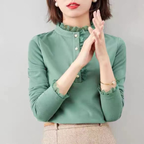 Threaded German velvet autumn and winter base shirt for women with stand-up collar, lace, velvety, thick long-sleeved inner top, fashionable and mature