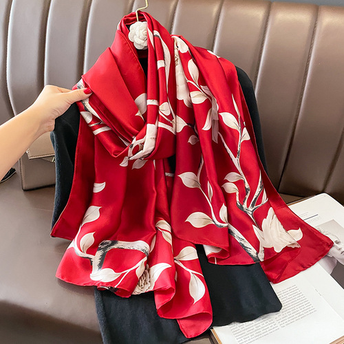 New Korean style sun protection silk scarf for women, thin scarf and shawl for summer wear, long oversized beach gauze print