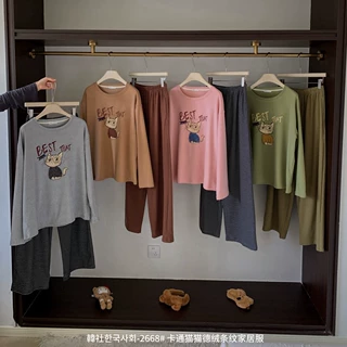 韩社-2668卡通猫猫德绒条纹家居服秋冬磨毛保暖长袖长裤宽松睡衣